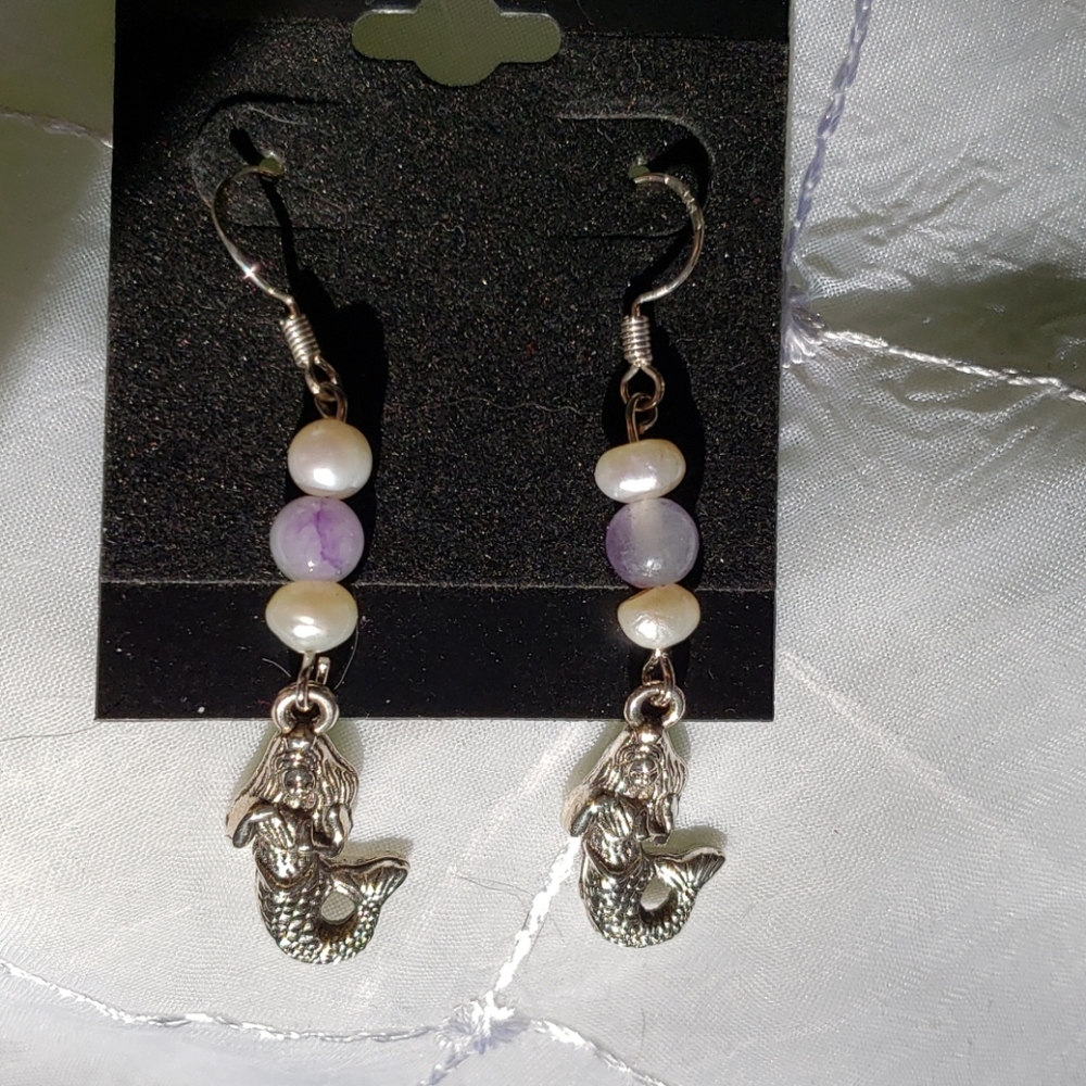 Pearl & Chalcedony Tibetan Silver Mermaid Earrings